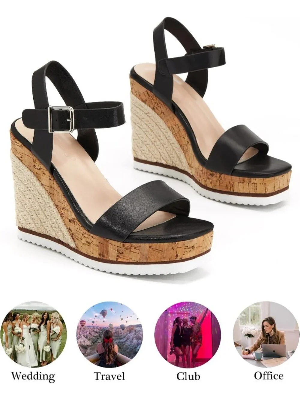 Women's Black Espadrille Wedge Platform Sandal Open Toe Ankle Buckle Strap Shoes